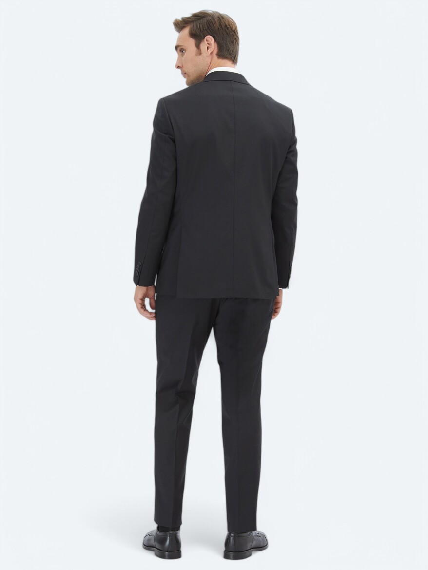 Siyah Düz Slim Fit Yün Karışımlı Takım Elbise - 5