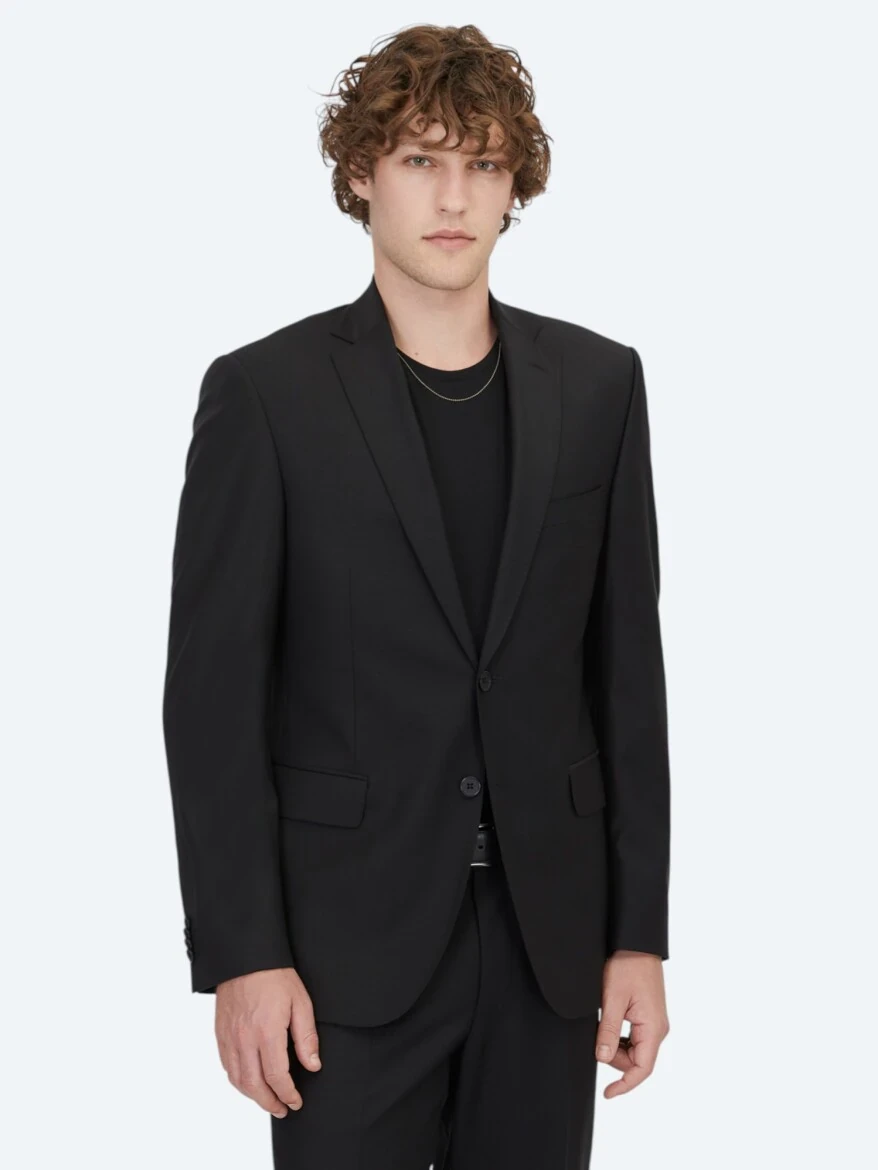 Siyah Düz Slim Fit Yün Karışımlı Takım Elbise - KİP