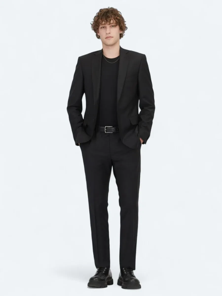 Siyah Düz Slim Fit Yün Karışımlı Takım Elbise - 2