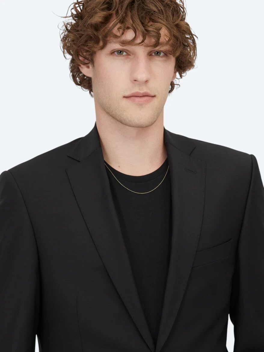 Siyah Düz Slim Fit Yün Karışımlı Takım Elbise - KİP