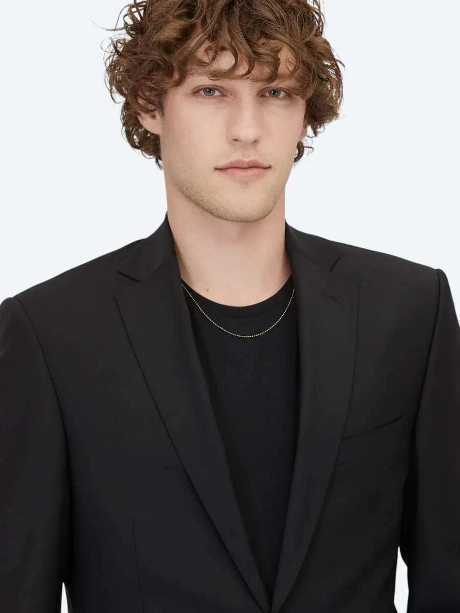 Siyah Düz Slim Fit Yün Karışımlı Takım Elbise - 3