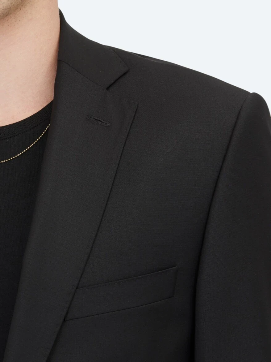 Siyah Düz Slim Fit Yün Karışımlı Takım Elbise - KİP