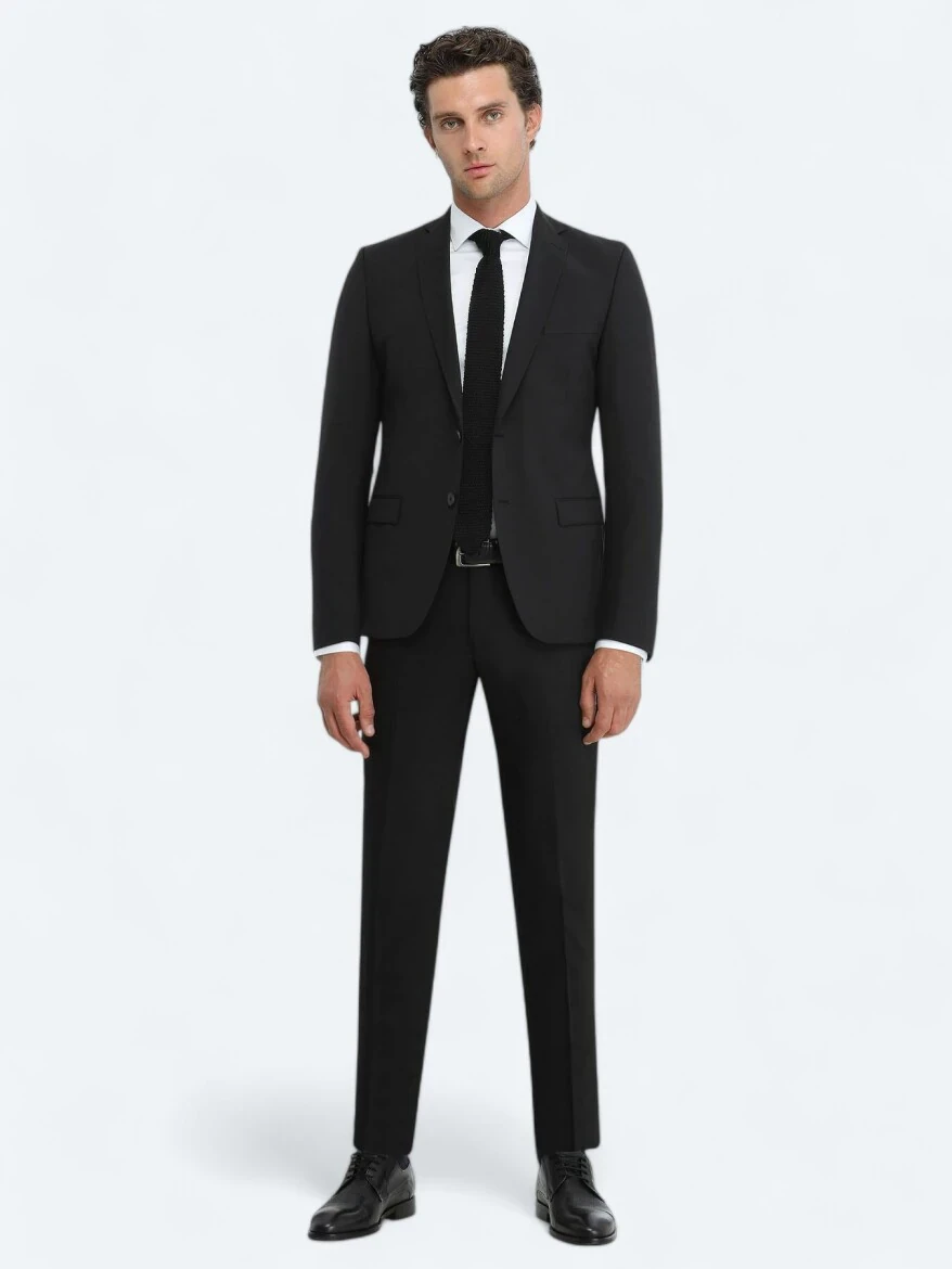 Siyah Düz Slim Fit Yün Karışımlı Takım Elbise - 3