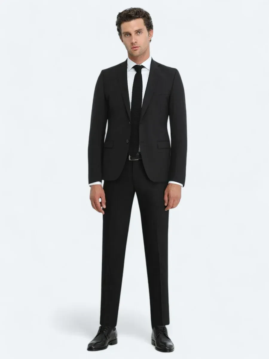 Siyah Düz Slim Fit Yün Karışımlı Takım Elbise - 3