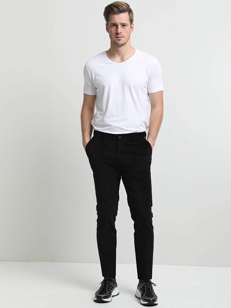 Siyah Fitilli Dokuma Slim Fit Kadife Casual Pamuk Karışımlı Pantolon - 1