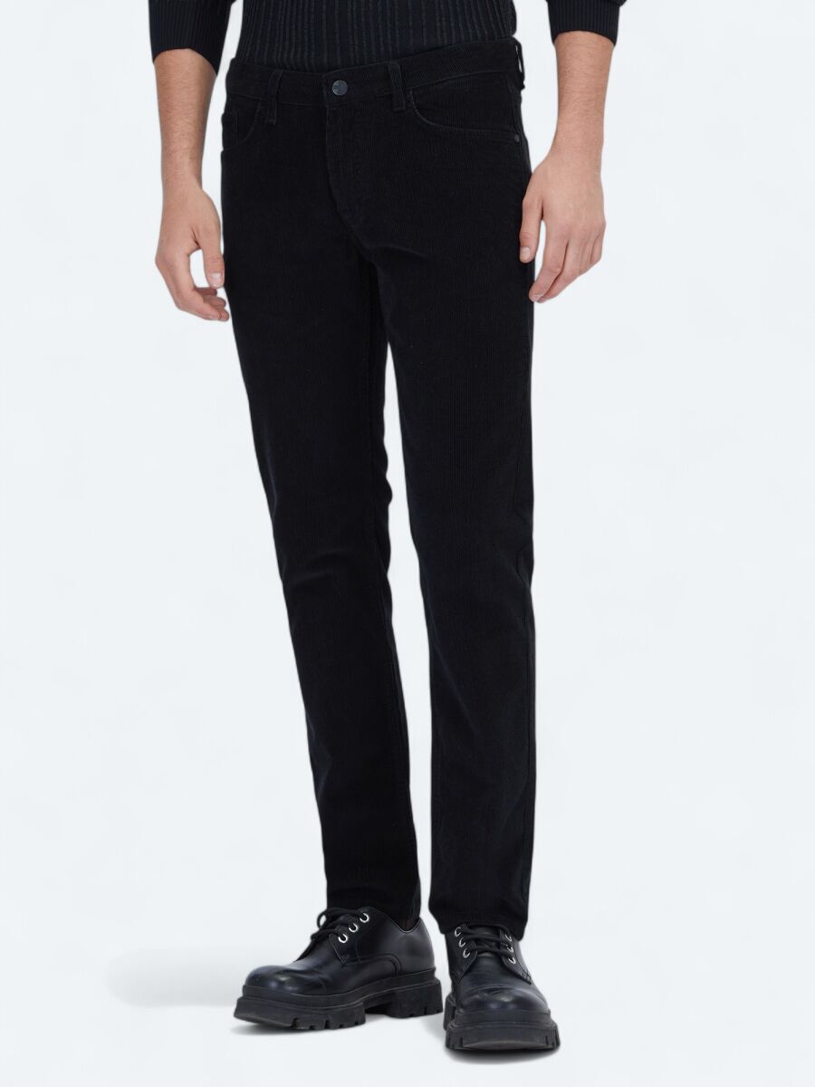Siyah Fitilli Dokuma Slim Fit Kadife Casual Pamuk Karışımlı Pantolon - 2