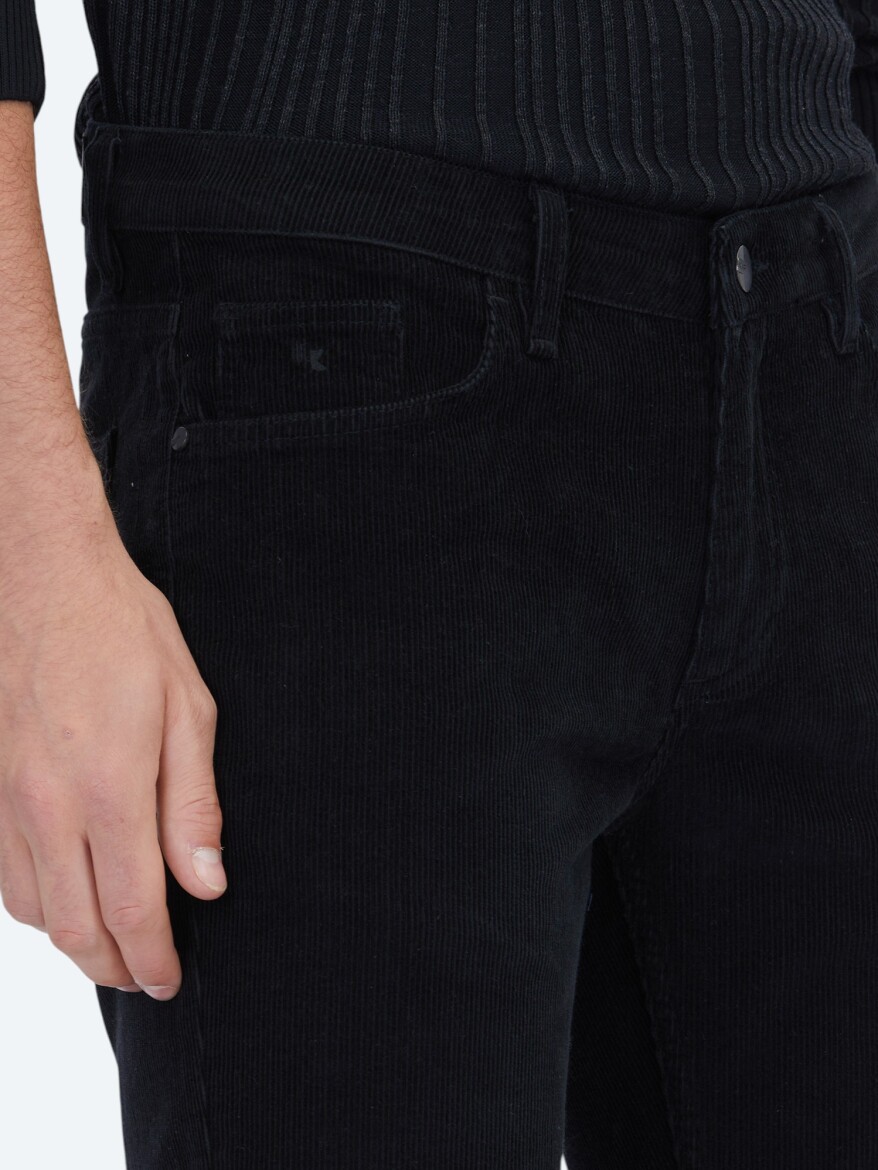 Siyah Fitilli Dokuma Slim Fit Kadife Casual Pamuk Karışımlı Pantolon - 3