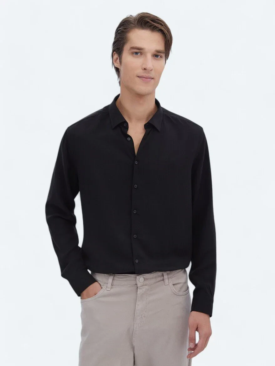 Siyah Fitilli Regular Fit Dokuma Casual Gömlek - 1