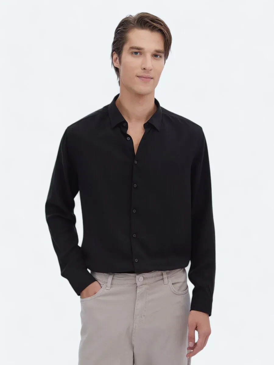 Siyah Fitilli Regular Fit Dokuma Casual Gömlek - 1