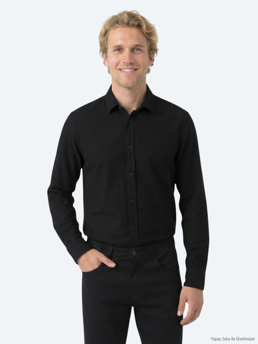 Siyah Fitilli Regular Fit Uzun Dokuma Kadife Casual %100 Pamuk Gömlek - 1
