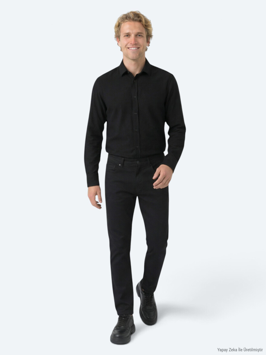 Siyah Fitilli Regular Fit Uzun Dokuma Kadife Casual %100 Pamuk Gömlek - KİP