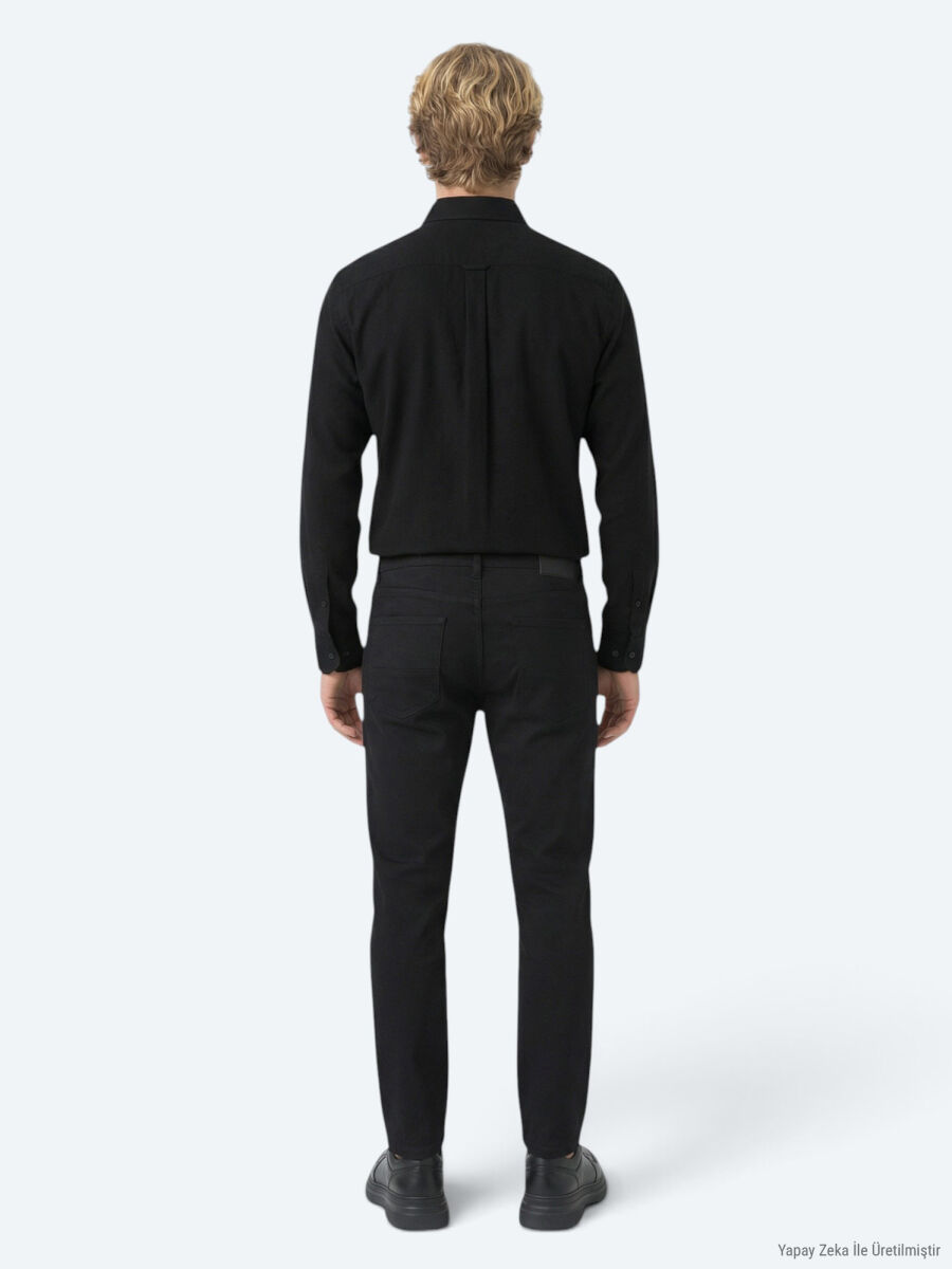 Siyah Fitilli Regular Fit Uzun Dokuma Kadife Casual %100 Pamuk Gömlek - 4