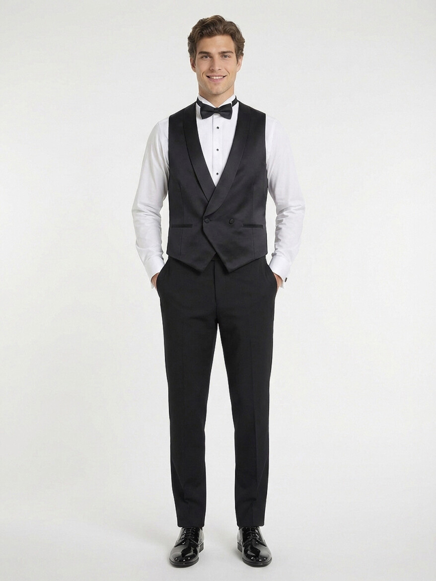 Siyah Fitted Fit Şal Yaka Klasik Yelek - 2