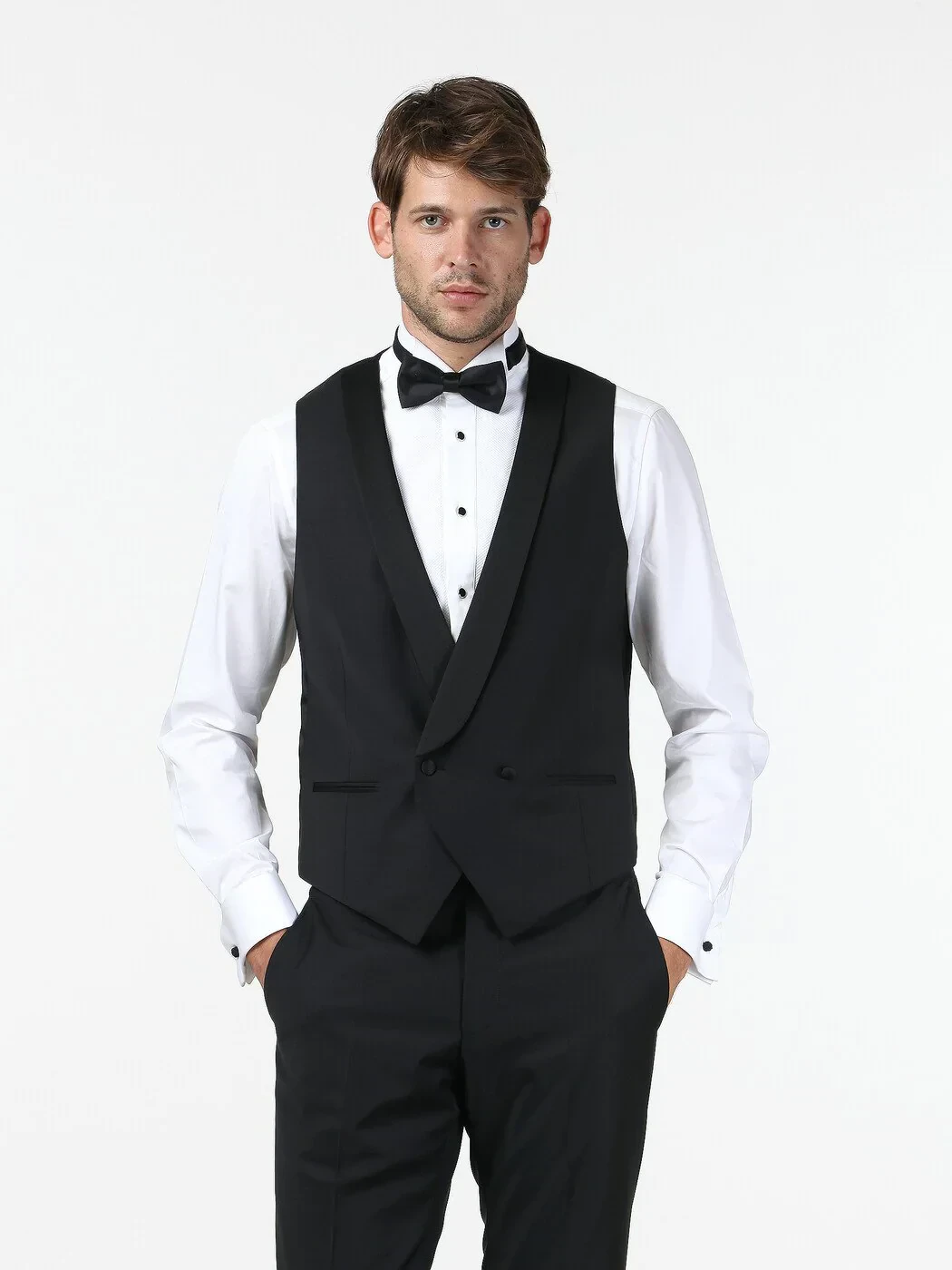 Siyah Fitted Fit Şal Yaka Klasik Yelek - 1