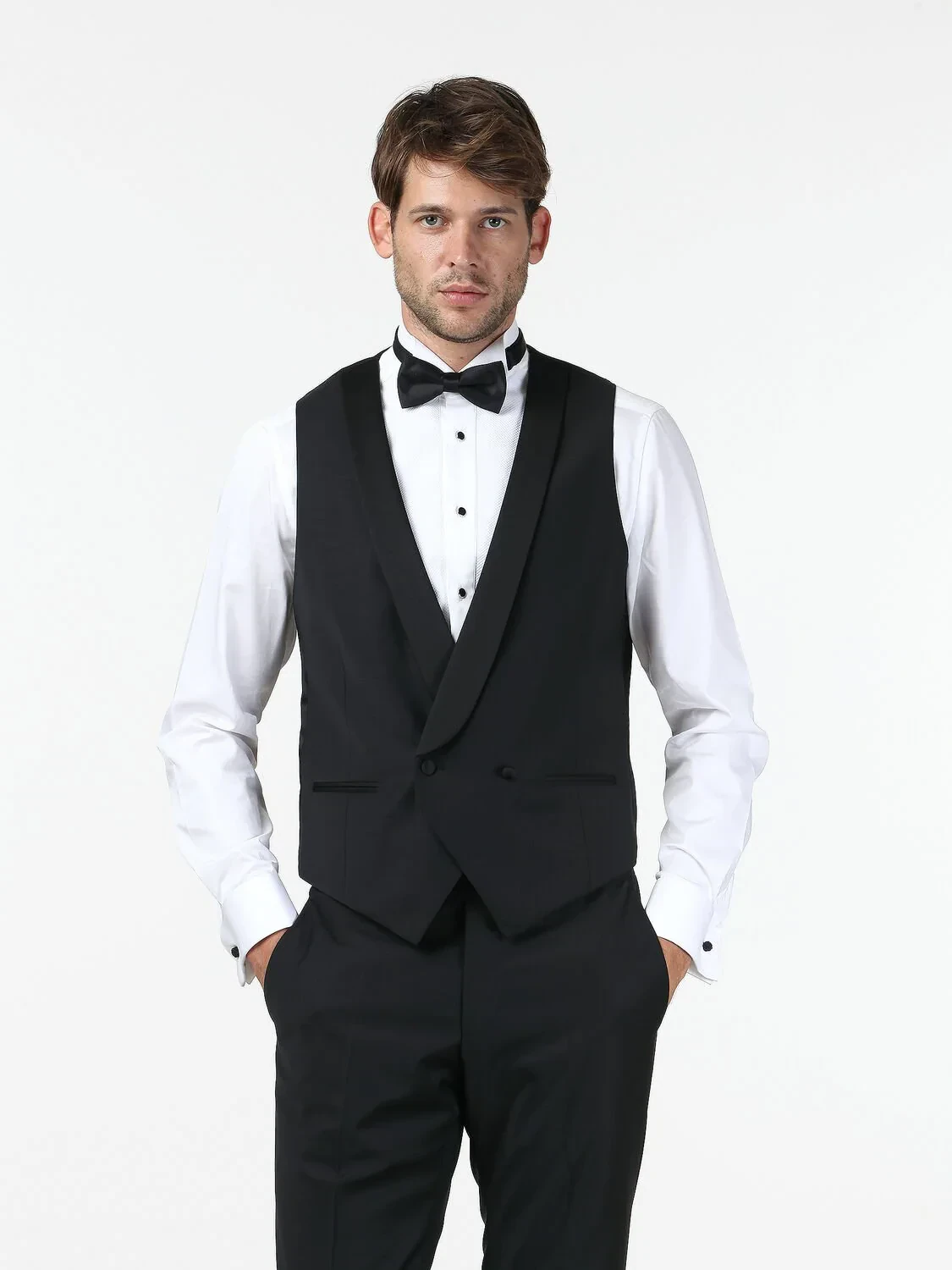 Siyah Fitted Fit Şal Yaka Klasik Yelek - 1