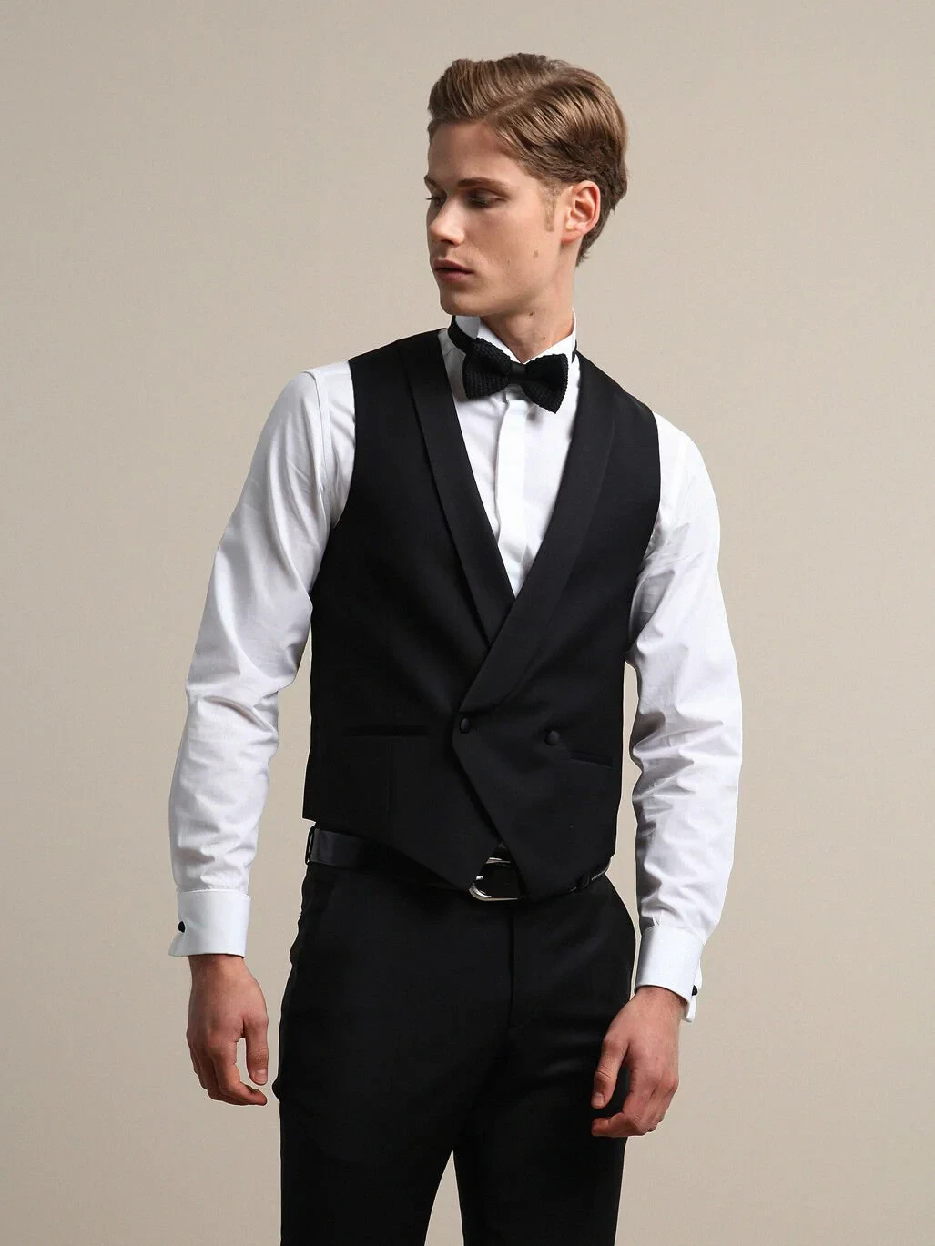 Siyah Fitted Fit Şal Yaka Klasik Yelek - 1