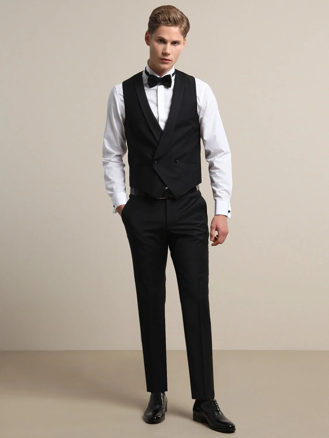 Siyah Fitted Fit Şal Yaka Klasik Yelek - 3