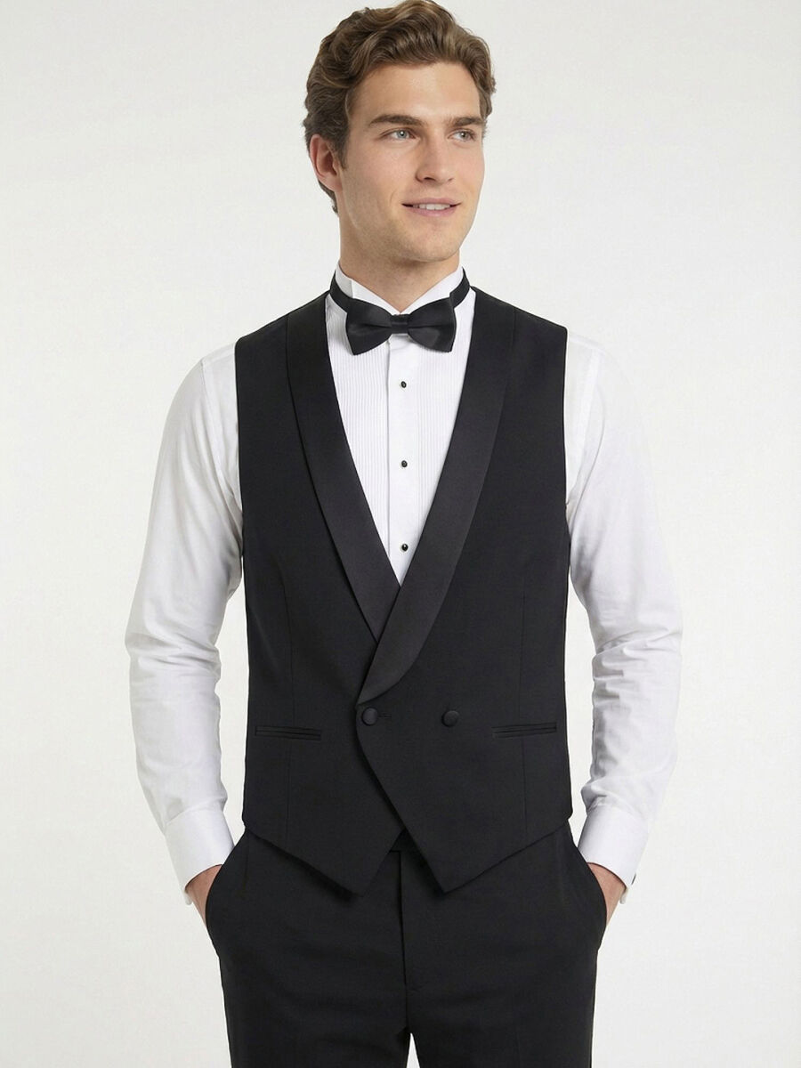 Siyah Fitted Fit Şal Yaka Klasik Yelek - 1