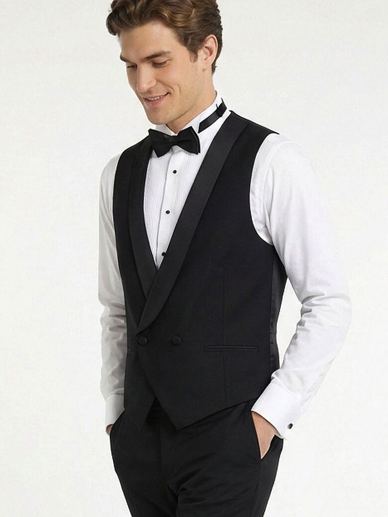 Siyah Fitted Fit Şal Yaka Klasik Yelek - 2