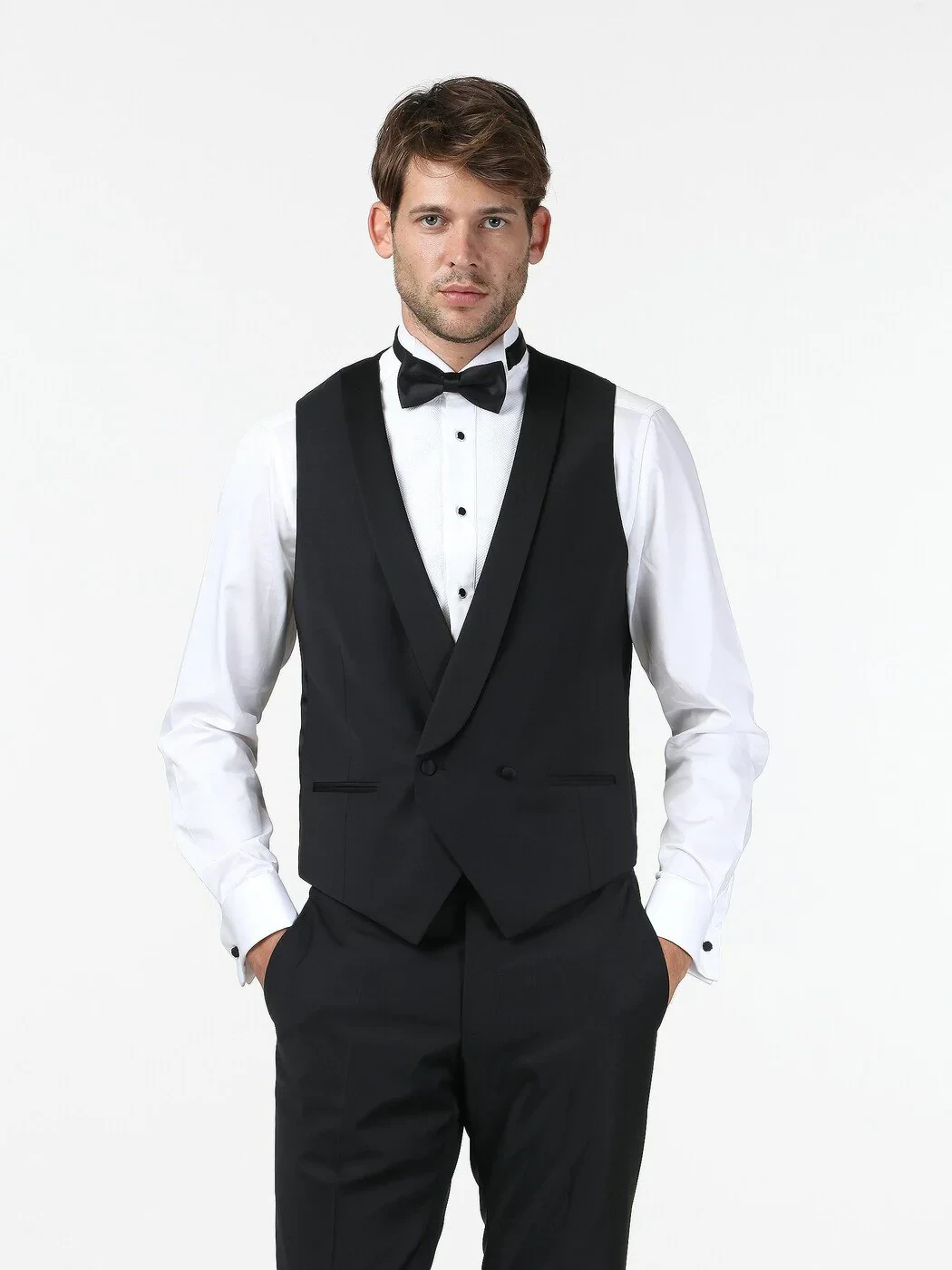 Siyah Fitted Fit Şal Yaka Klasik Yelek - 3