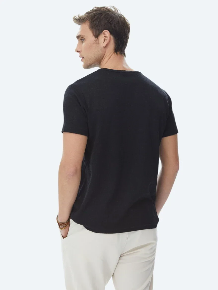 Siyah Jakarlı Bisiklet Yaka Pamuk Karışımlı T-Shirt - 8