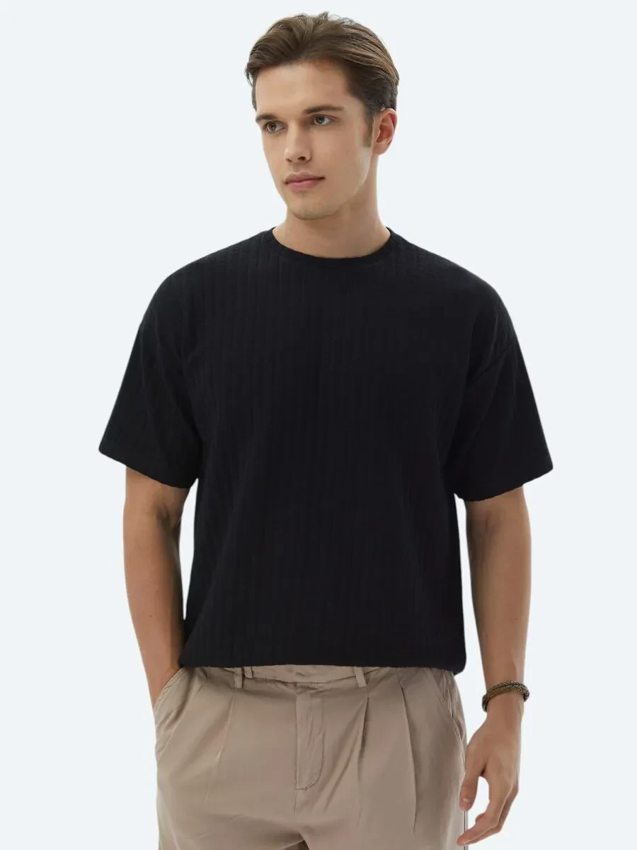 Siyah Jakarlı Bisiklet Yaka Pamuk Karışımlı T-Shirt - 5