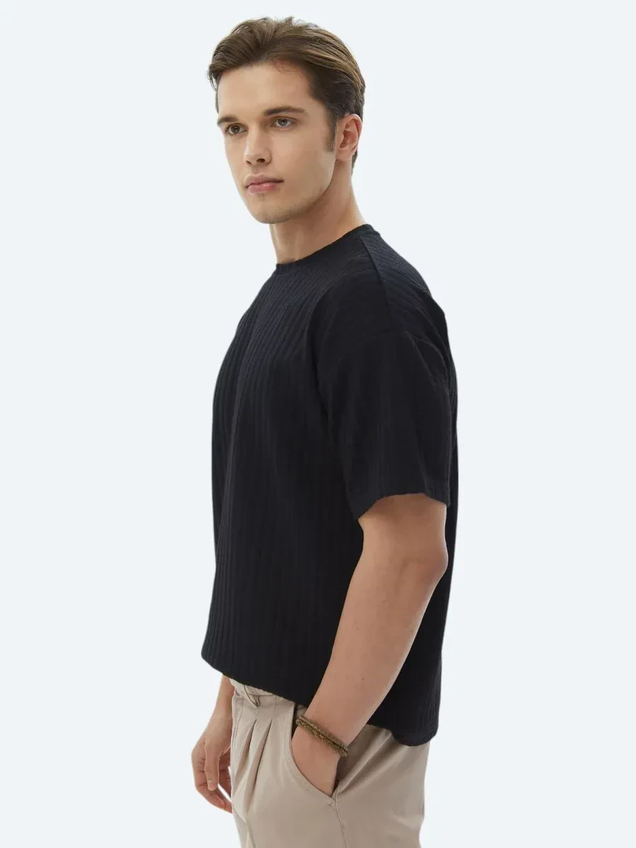 Siyah Jakarlı Bisiklet Yaka Pamuk Karışımlı T-Shirt - 6
