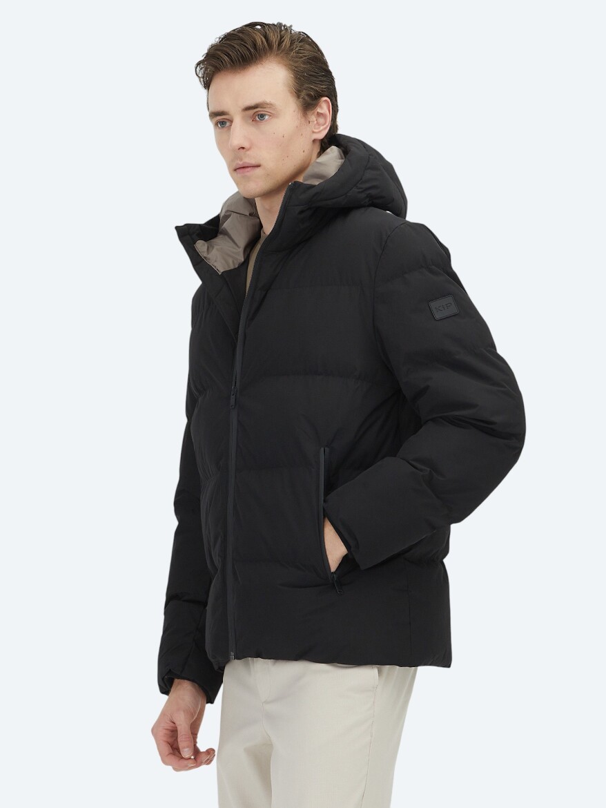 Siyah Kapüşonlu Casual Dokuma Kaban - 3