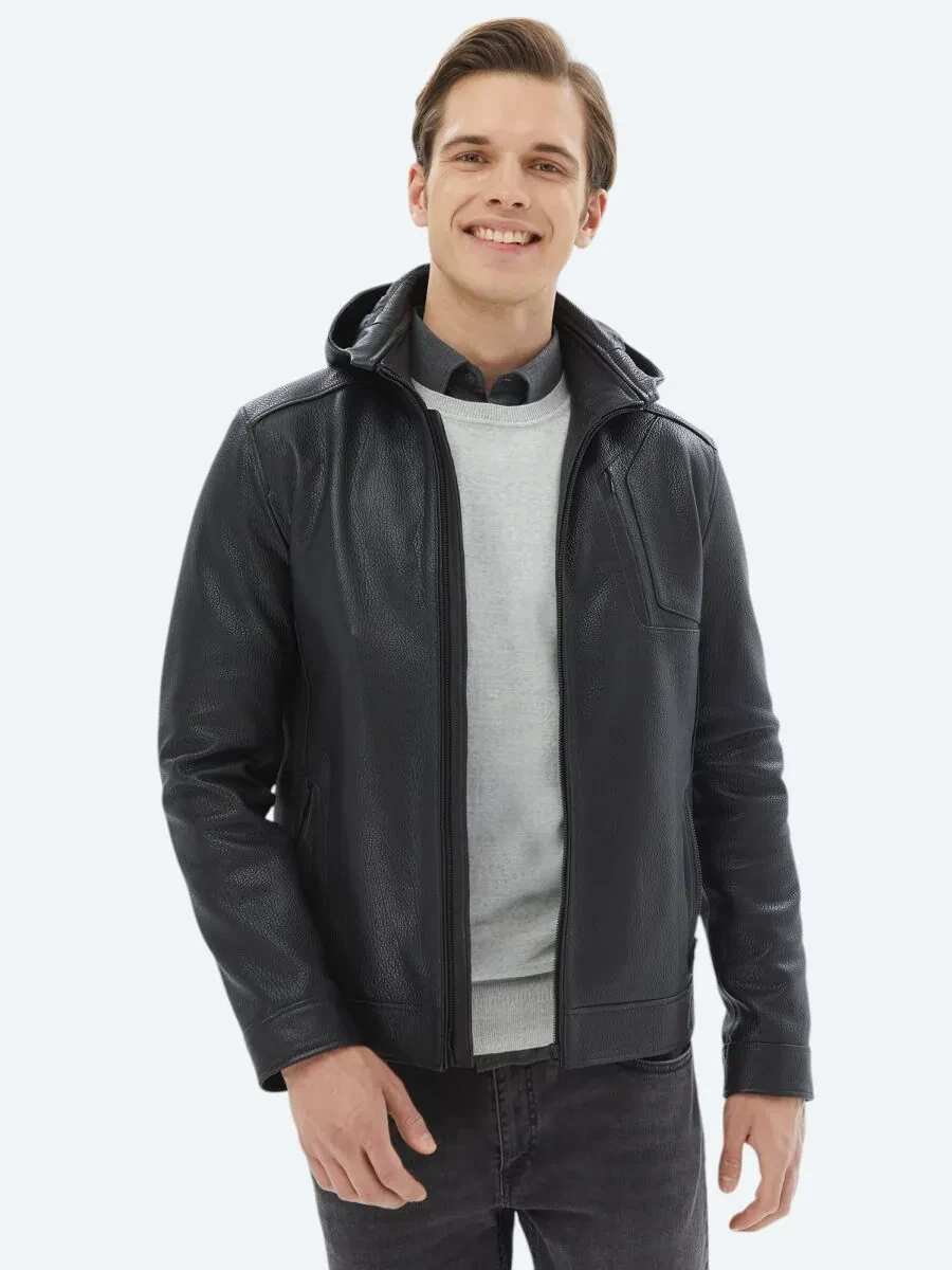 Siyah Kapüşonlu Smart Casual Koyun Derisi Deri Mont - 1