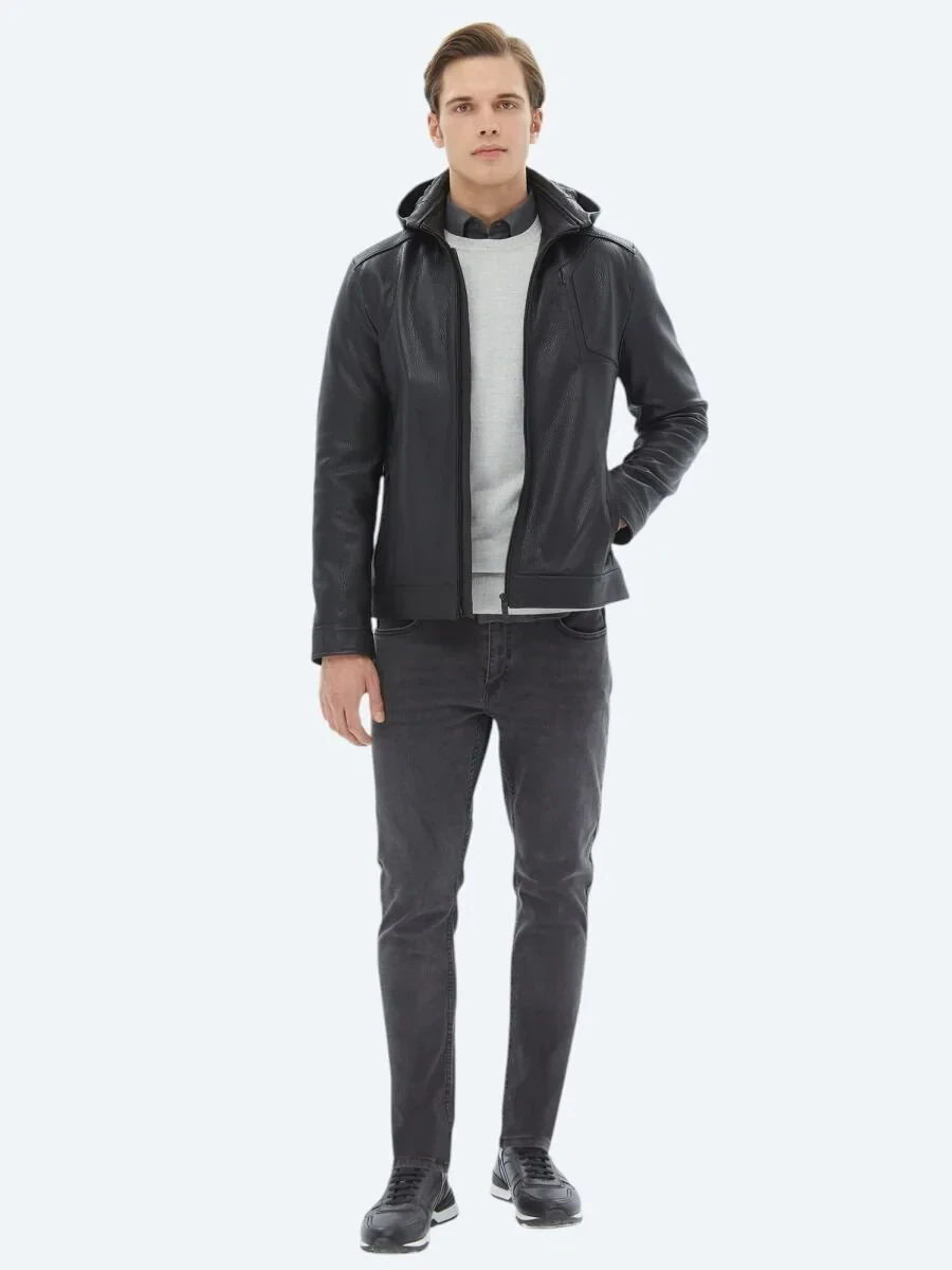 Siyah Kapüşonlu Smart Casual Koyun Derisi Deri Mont - 2