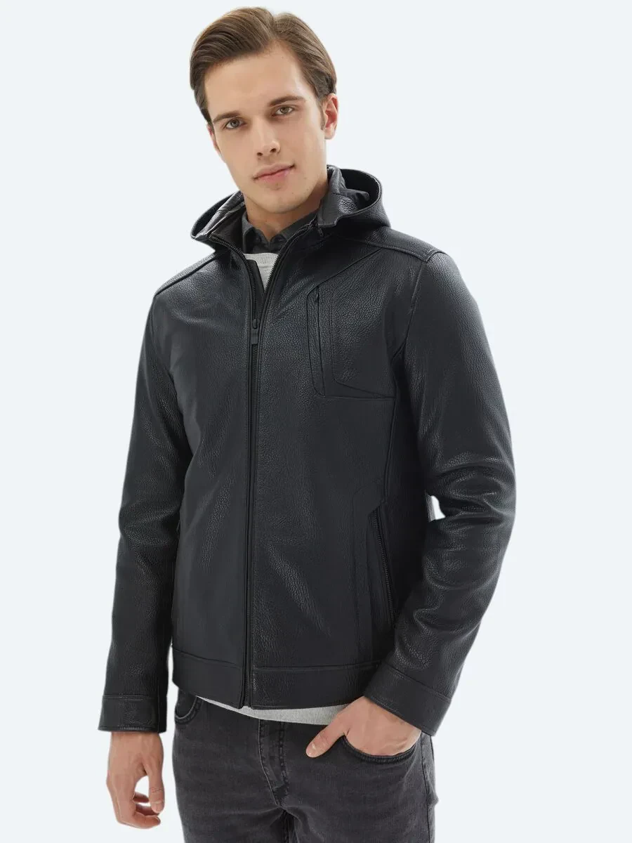 Siyah Kapüşonlu Smart Casual Koyun Derisi Deri Mont - 3