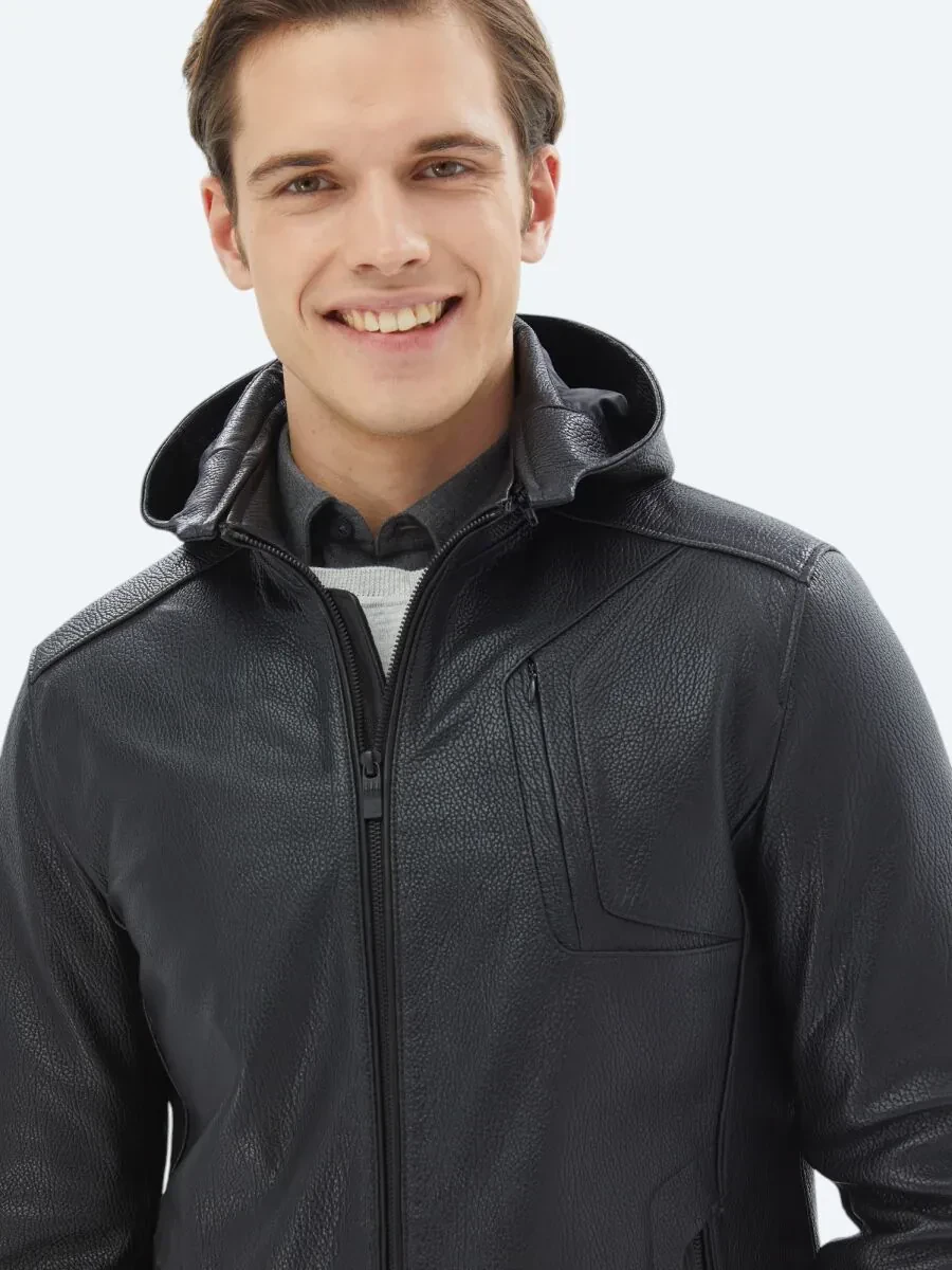 Siyah Kapüşonlu Smart Casual Koyun Derisi Deri Mont - 4