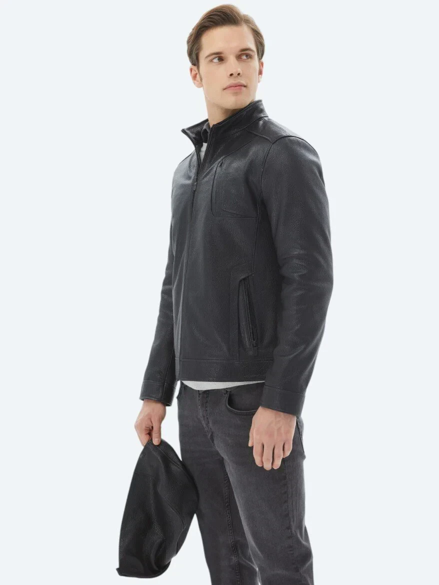 Siyah Kapüşonlu Smart Casual Koyun Derisi Deri Mont - 10