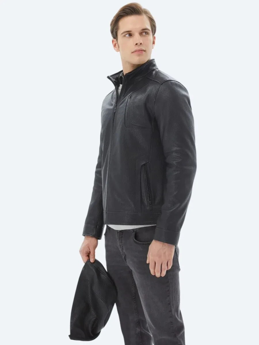 Siyah Kapüşonlu Smart Casual Koyun Derisi Deri Mont - 10