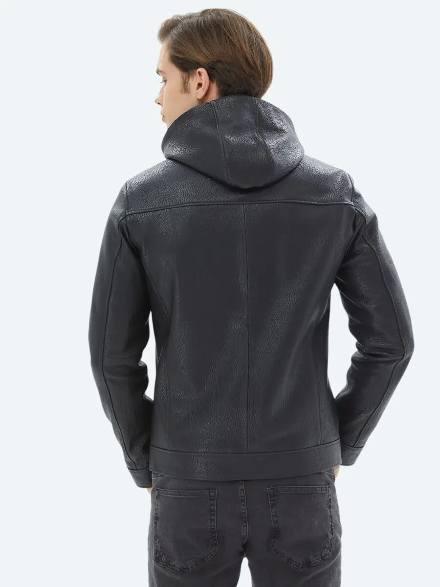 Siyah Kapüşonlu Smart Casual Koyun Derisi Deri Mont - 11