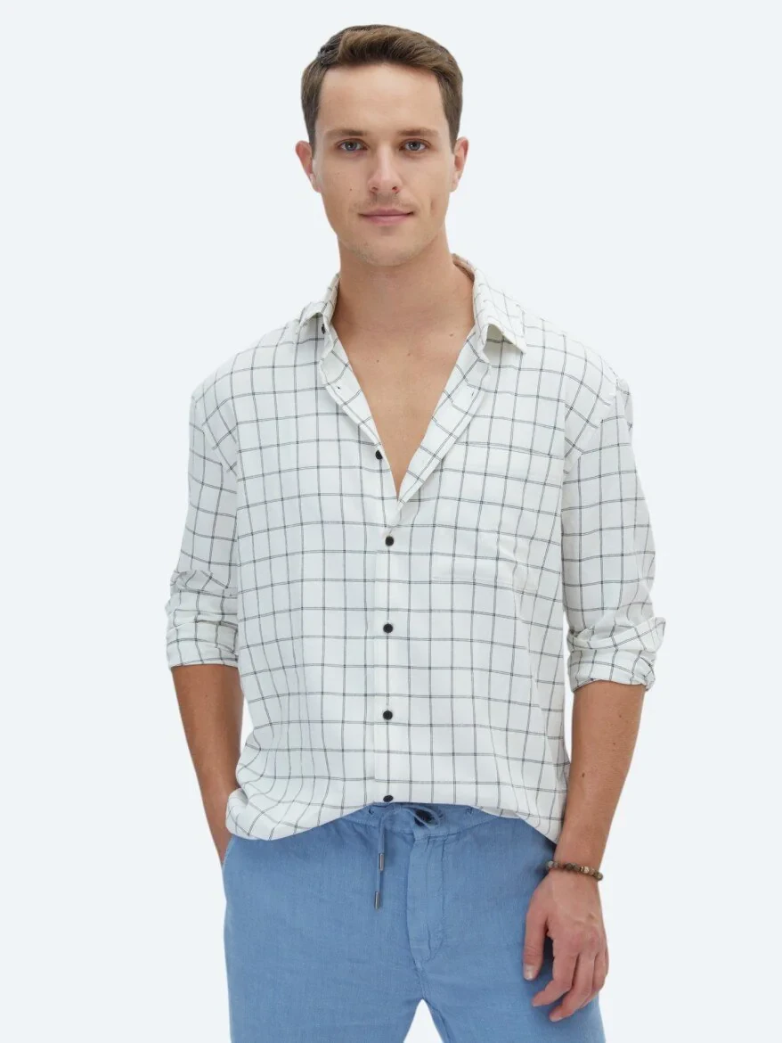 Siyah Kareli Oversize Fit Dokuma Casual Gömlek - 1