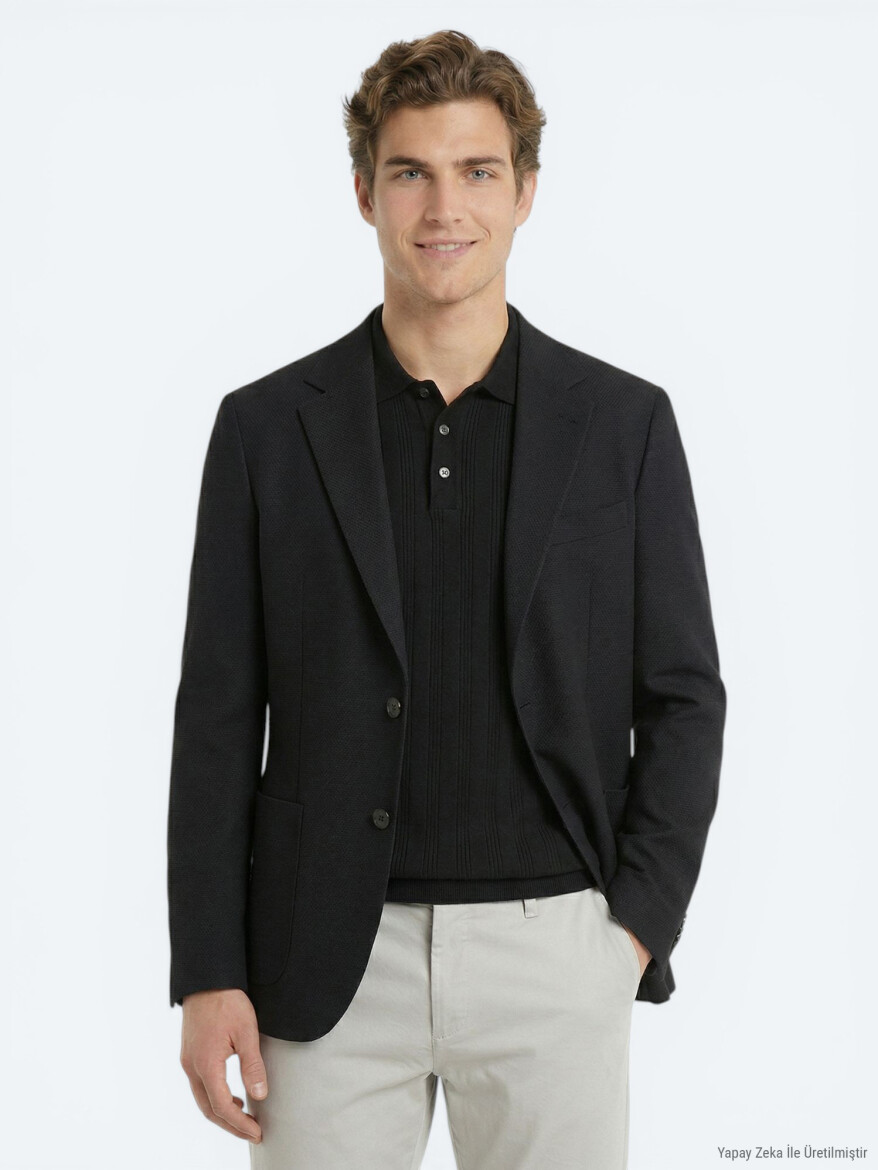 Siyah Mikro Modern Fit %100 Yün Ceket - KİP