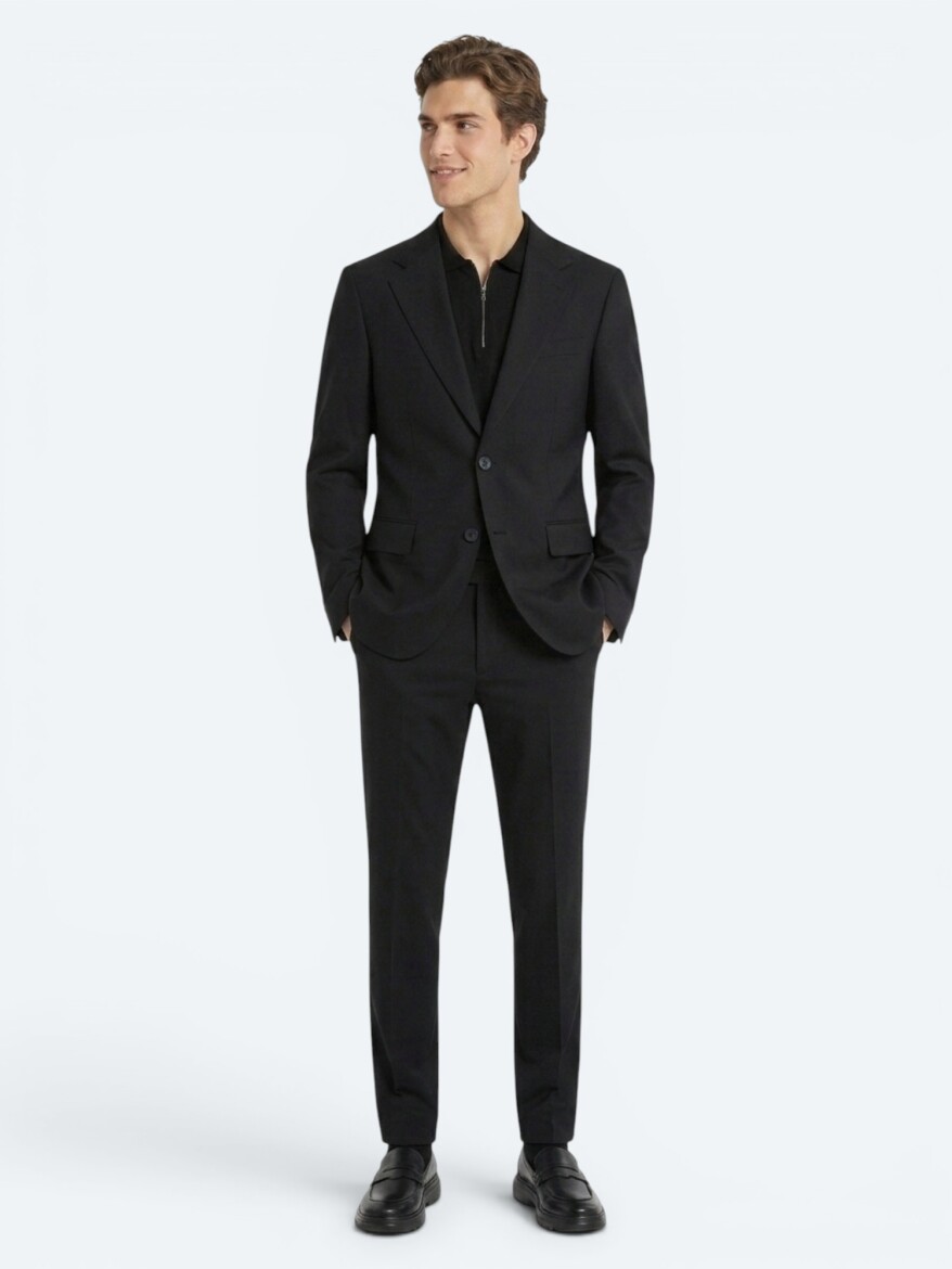 Siyah Mikro Modern Fit %100 Yün Takım Elbise 