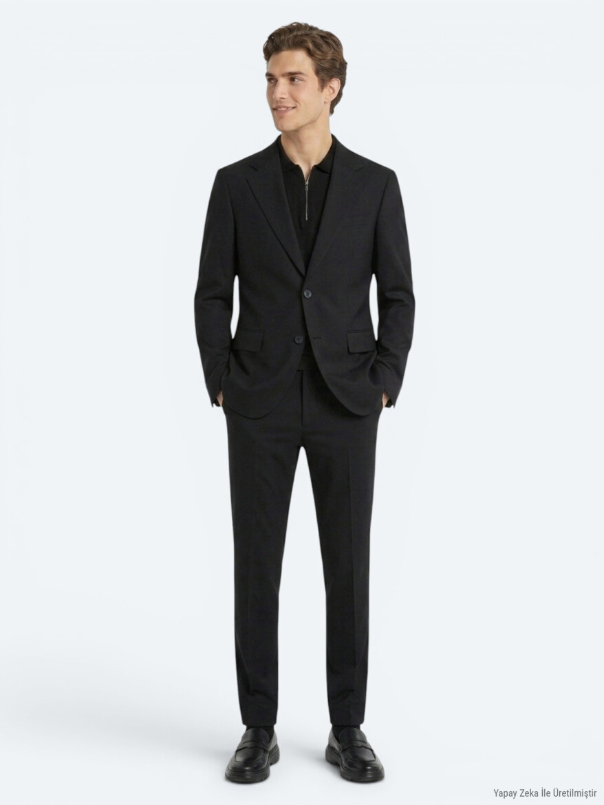Siyah Mikro Modern Fit %100 Yün Takım Elbise - KİP