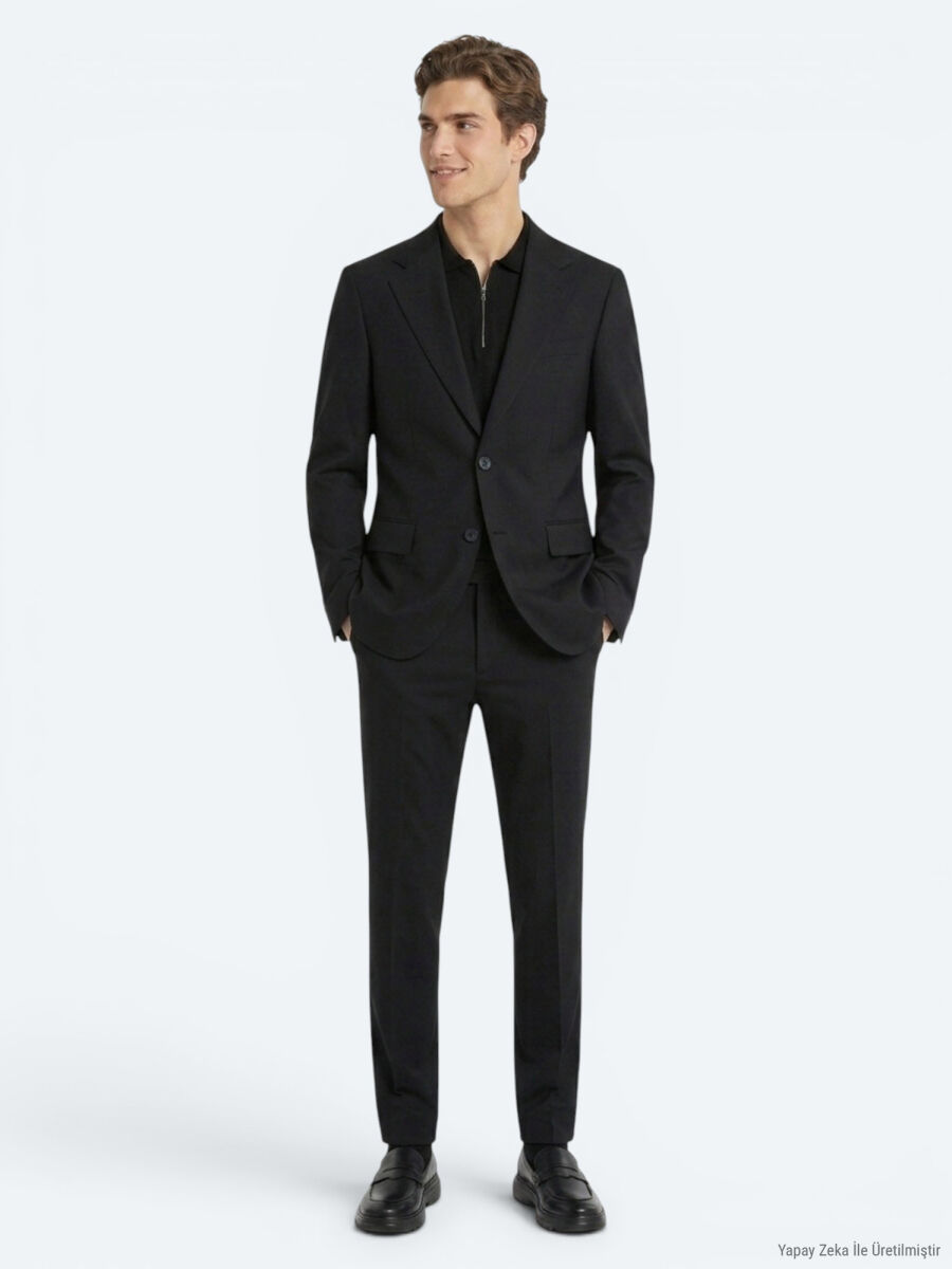 Siyah Mikro Modern Fit %100 Yün Takım Elbise - 1