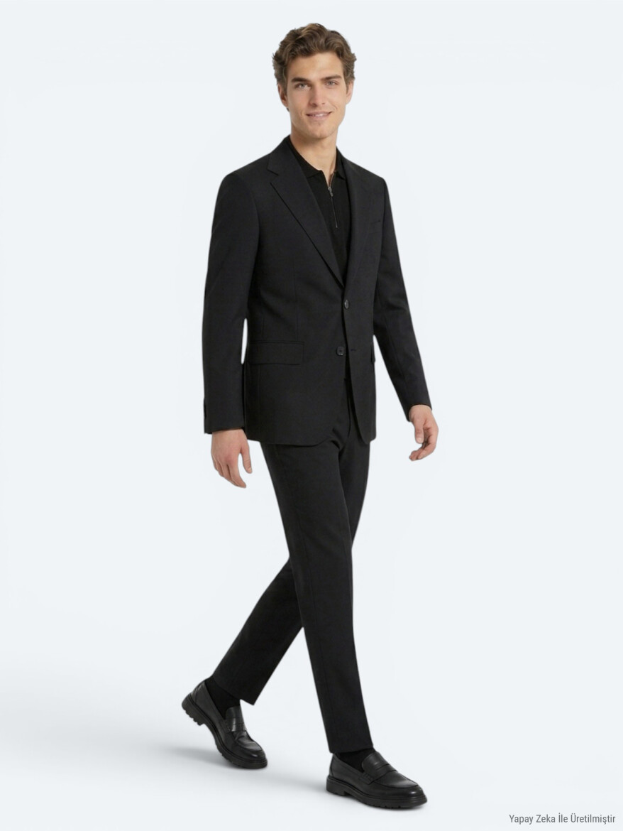 Siyah Mikro Modern Fit %100 Yün Takım Elbise - KİP