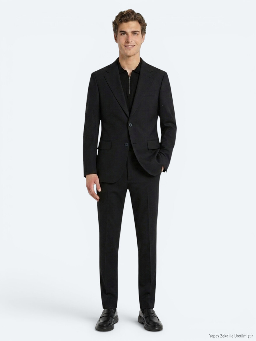 Siyah Mikro Modern Fit %100 Yün Takım Elbise - 4