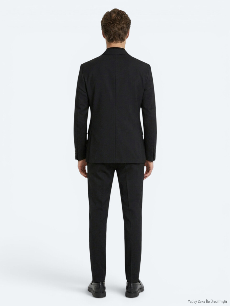 Siyah Mikro Modern Fit %100 Yün Takım Elbise - 5
