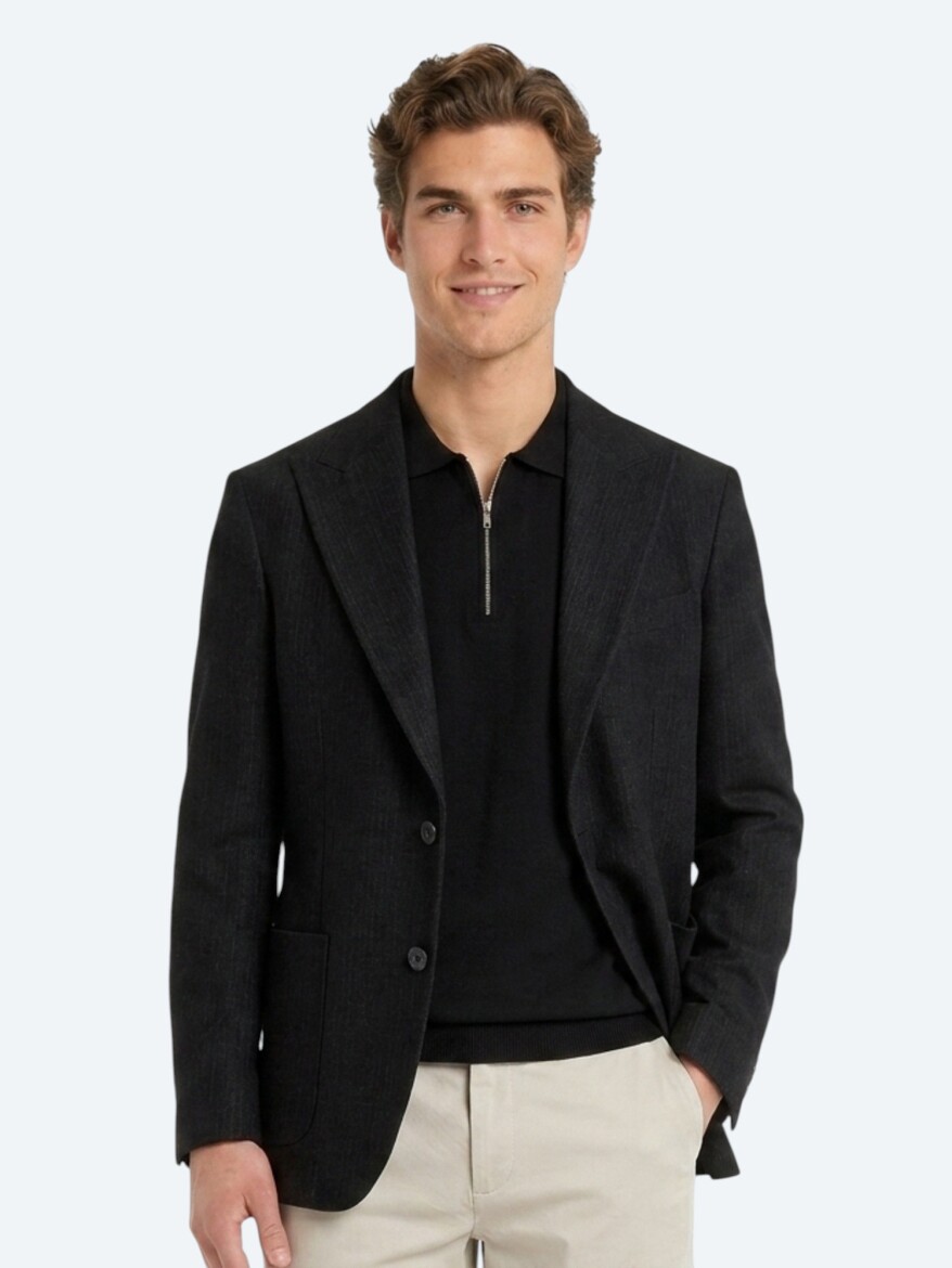 Siyah Mikro Modern Fit Yün Karışımlı Ceket - 2