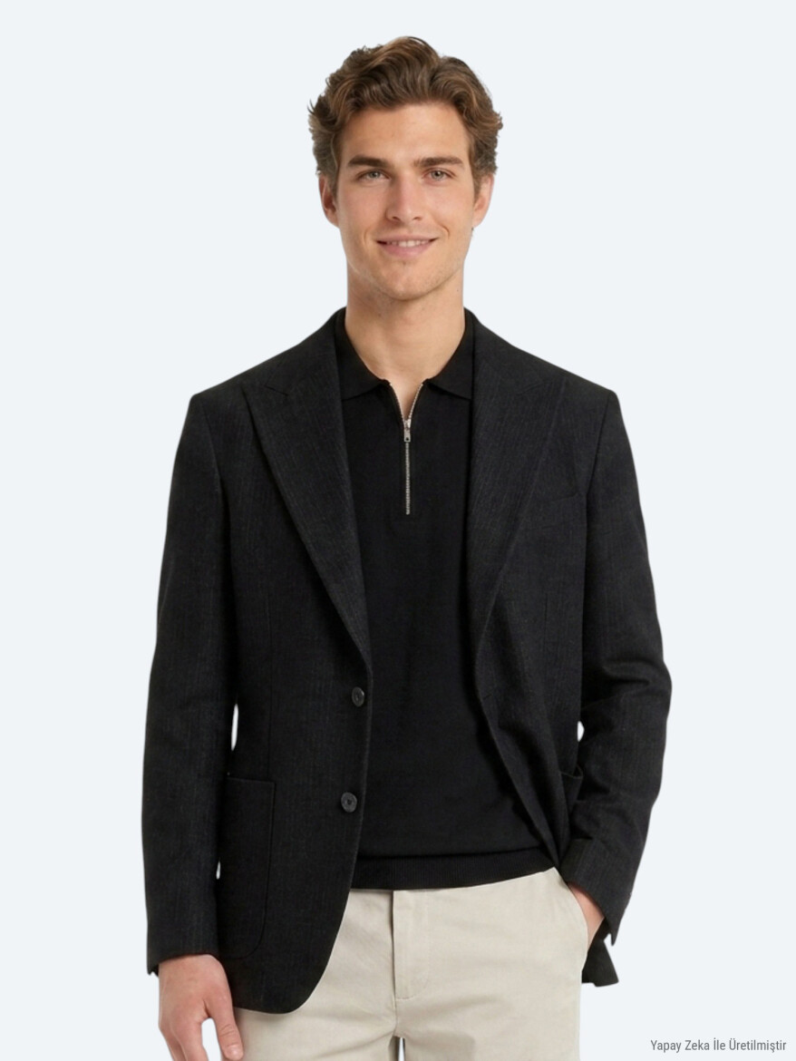 Siyah Mikro Modern Fit Yün Karışımlı Ceket - 2