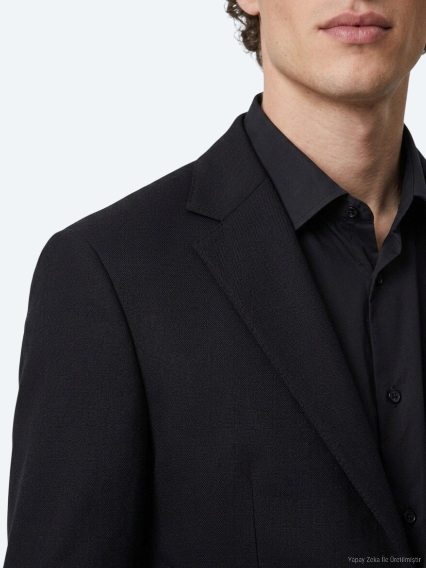 Siyah Modern Fit %100 Yün Ceket - 4