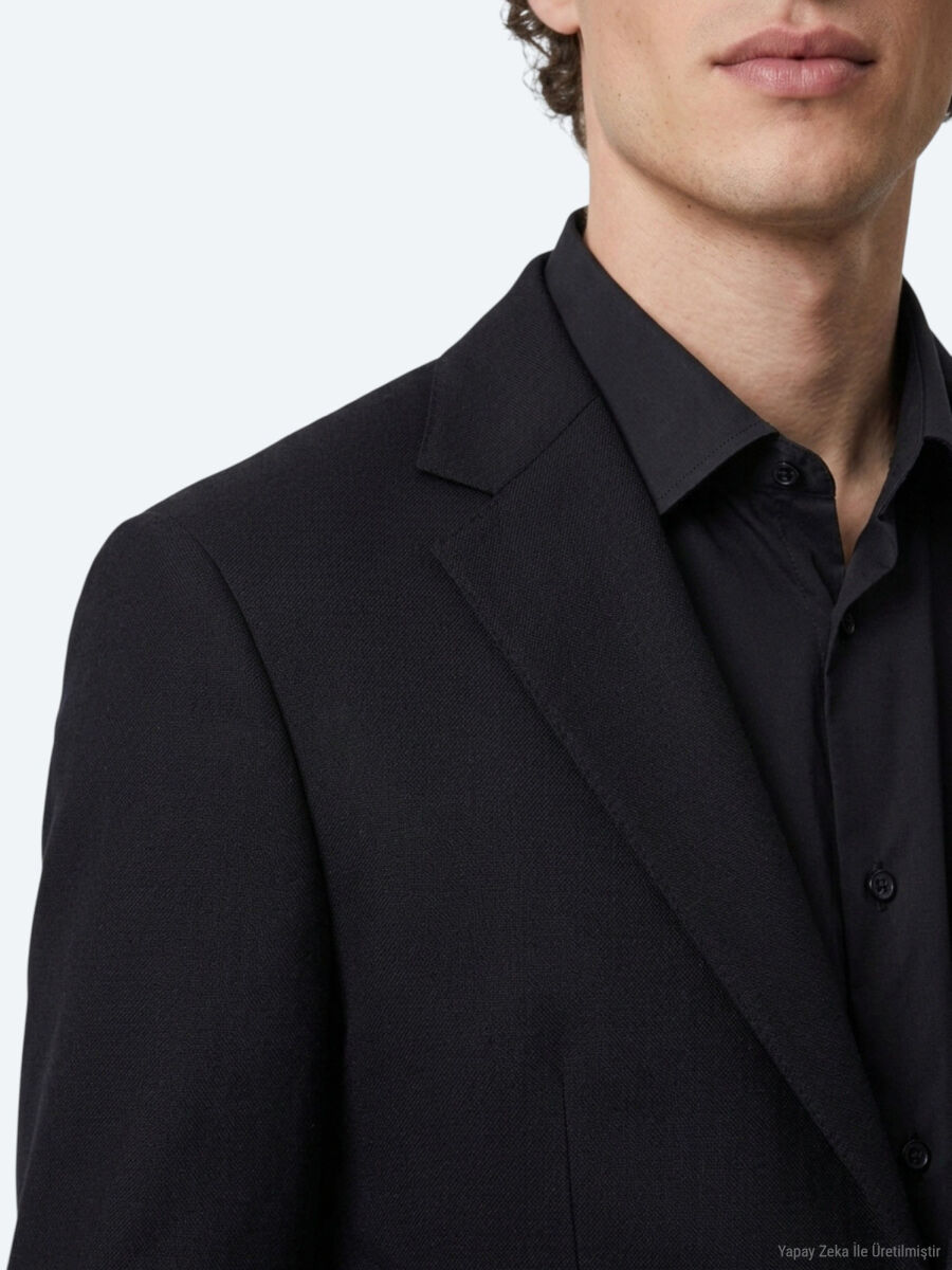 Siyah Modern Fit %100 Yün Ceket - 4