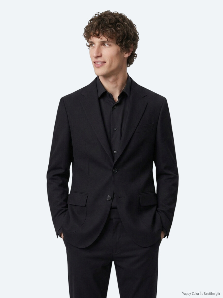 Siyah Modern Fit %100 Yün Ceket - 5