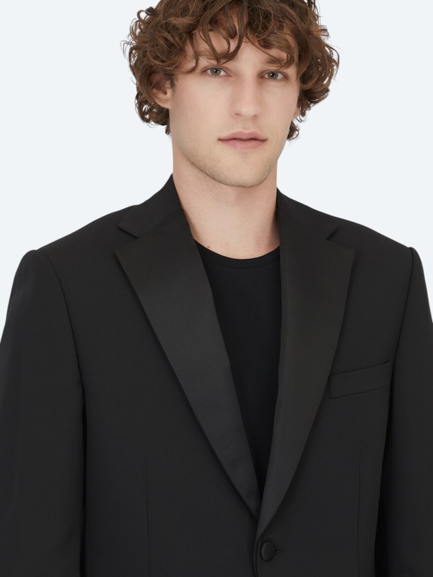 Siyah Modern Fit Çıkarılabilir Mono Yaka Dokuma Smokin Takım Elbise - 3