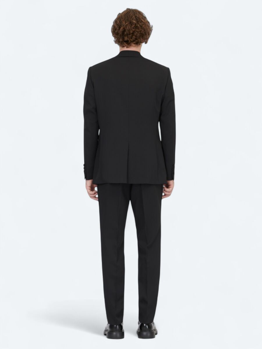 Siyah Modern Fit Çıkarılabilir Mono Yaka Dokuma Smokin Takım Elbise - 5